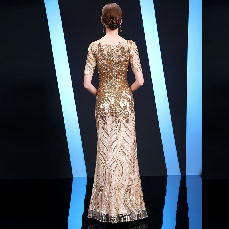 Customized Long sleeves womens formal prom dress sequined gold long wedding party dress Ceremony Dress mothers formal dress 250102