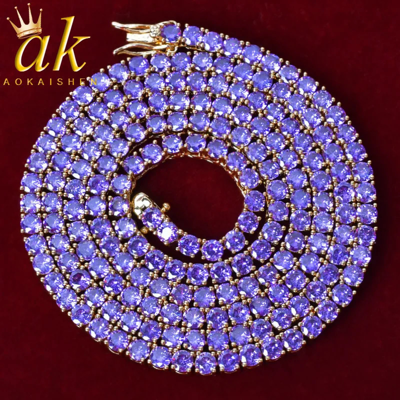 Aokaishen Purple Tennis Chain Necklace Hip Hop Rock Street Jewelry AA Cubic Zirconia 24K Real Gold Color Plated 250609