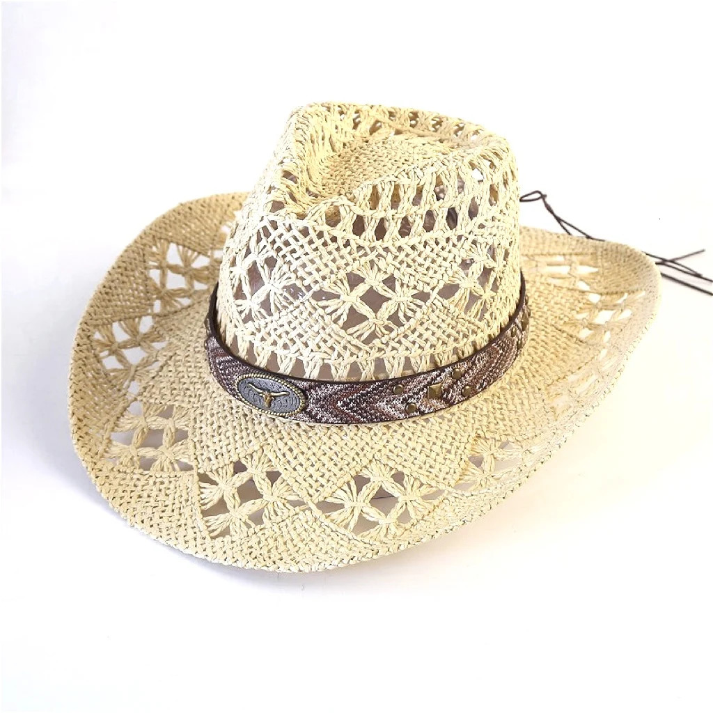 Cowboy Straw Hat for Women Men Summer Handmade Classic Hollow Out Western Curled Wide Brim Sun Hat Fishing Hat Climbing Cap 250606