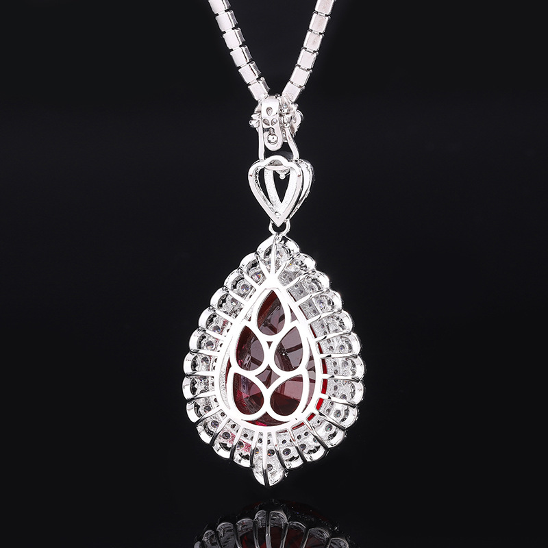 S925 Silver Faux Pigeon Blood Ruby Large Water-Drop Pendant Necklace, 18x25mm Luxury Design, Exquisite Luxury Women's Jewelry