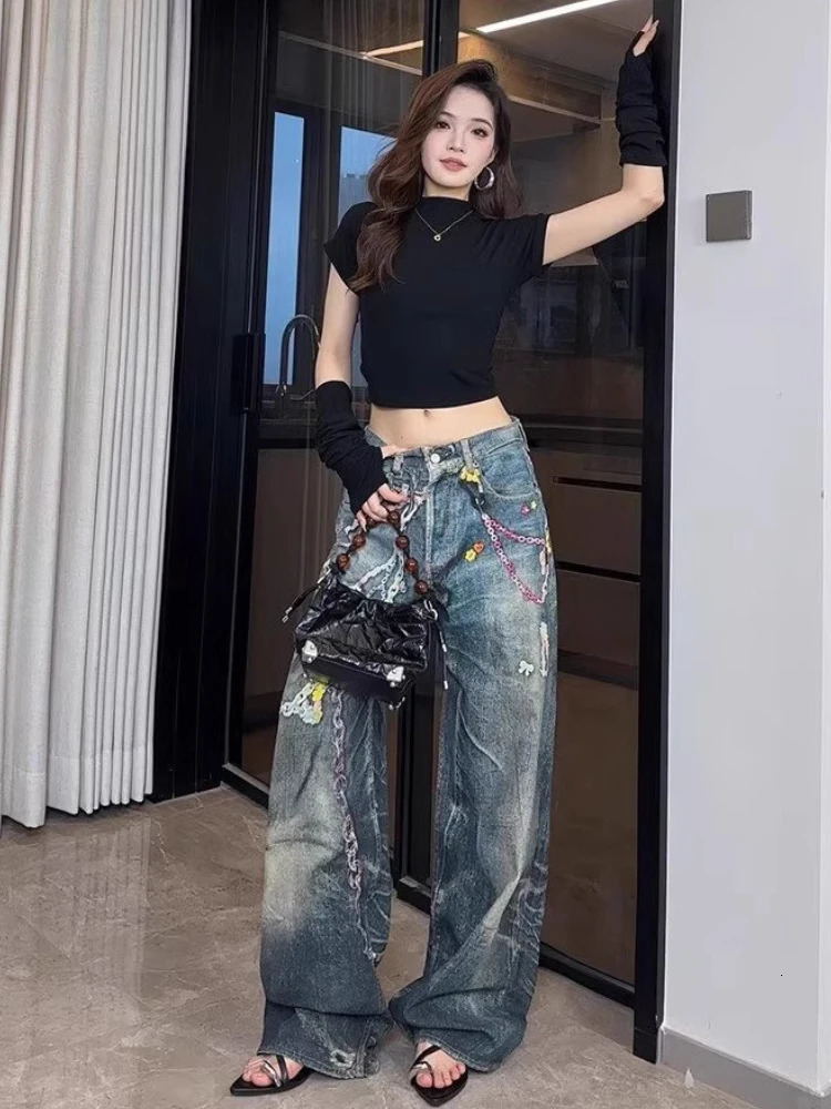 Korean Candy Chain Print Straight Leg Jeans Womens Harajuku Streetwear Y2k Baggy Jeans Hip-hop Retro Punk Wide-leg Pants Unisex 250611