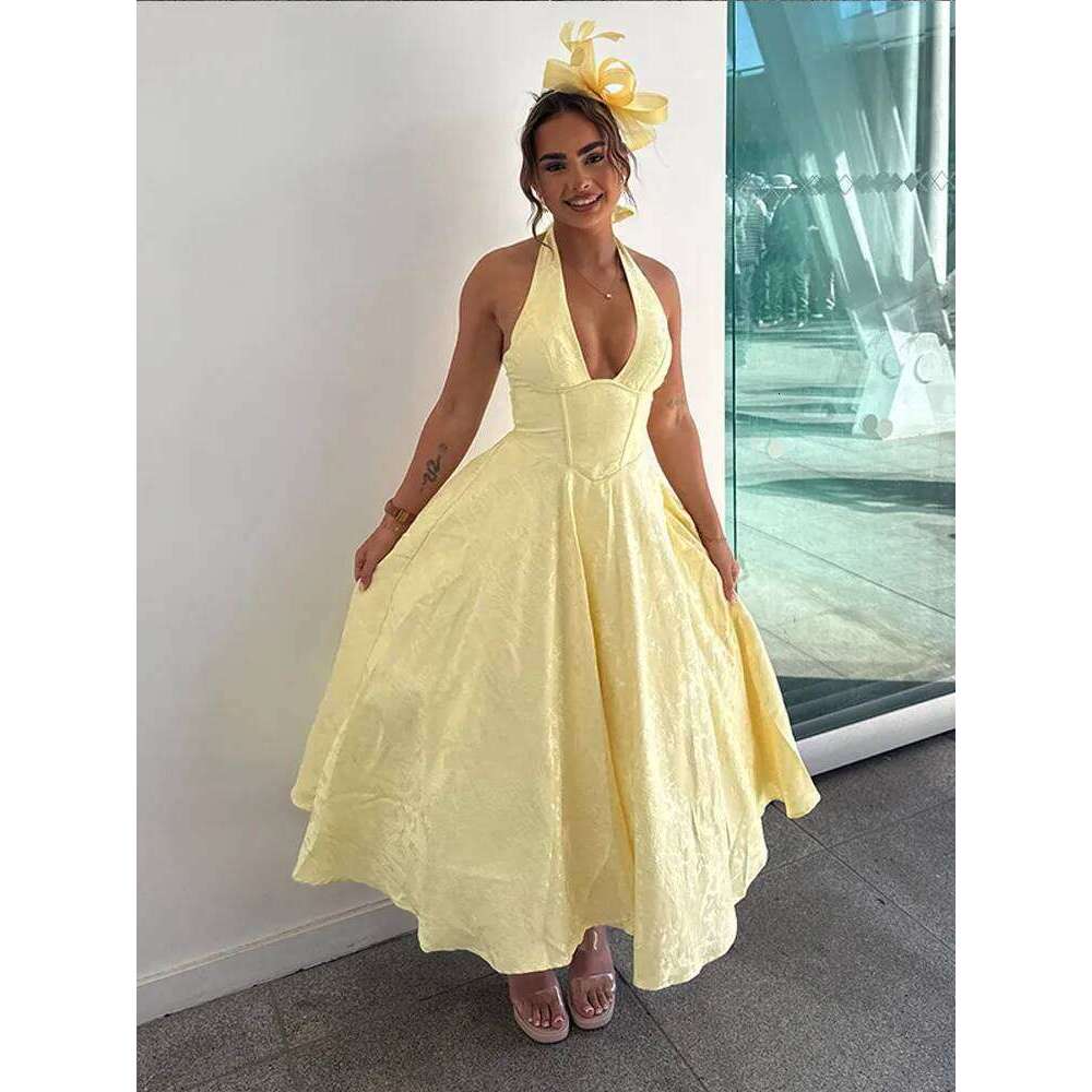 Butter Yellow Corset Backless Maxi Dress Women's Elegant V Neck Halter High Waist Robes Lady Summer Evening Party Gvestidos 2025