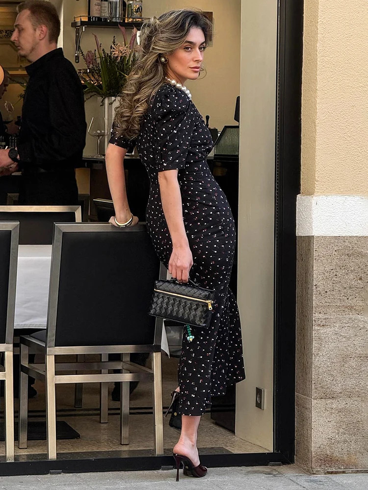 TARUXY Print Puff Sleeve Long Dress For Women Fashion V neck High Waist Commuting Outfits Elegant Lady Fishtail Dress 250609