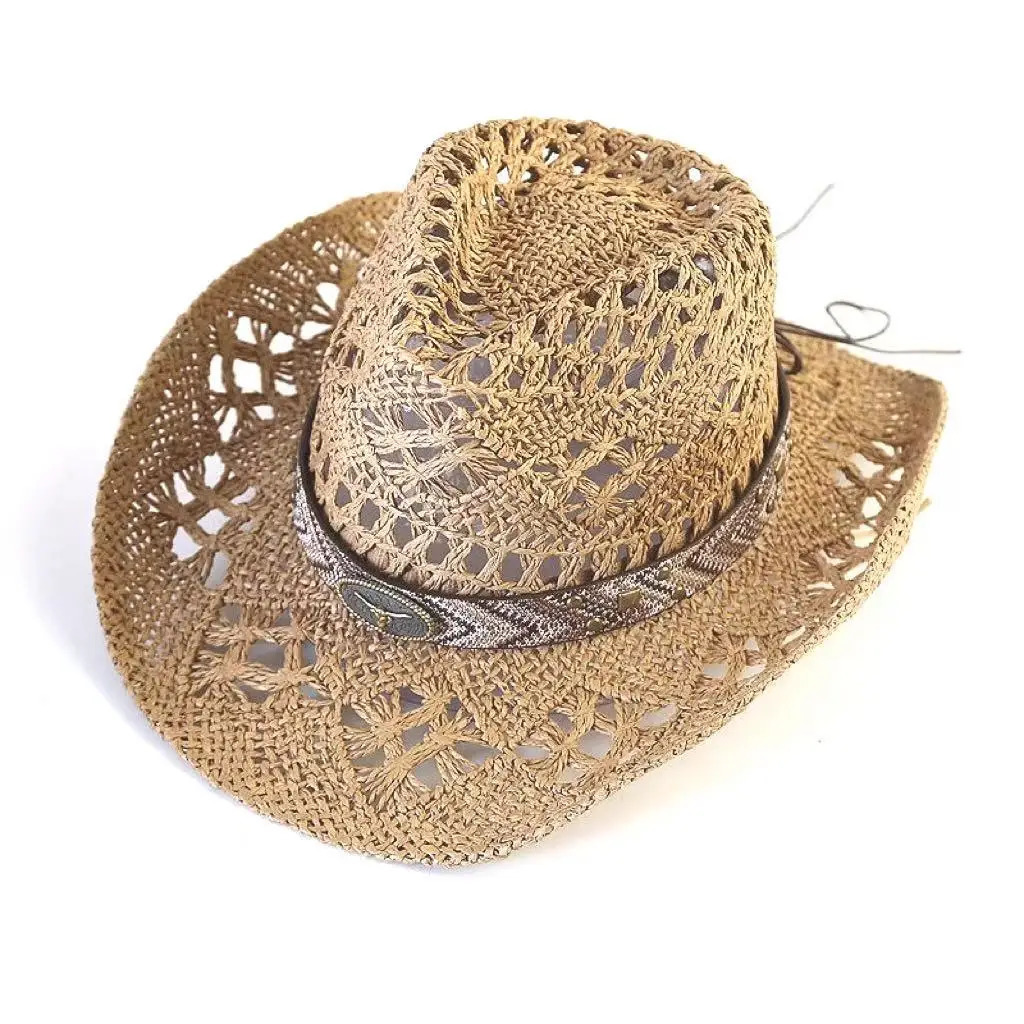 Cowboy Straw Hat for Women Men Summer Handmade Classic Hollow Out Western Curled Wide Brim Sun Hat Fishing Hat Climbing Cap 250606