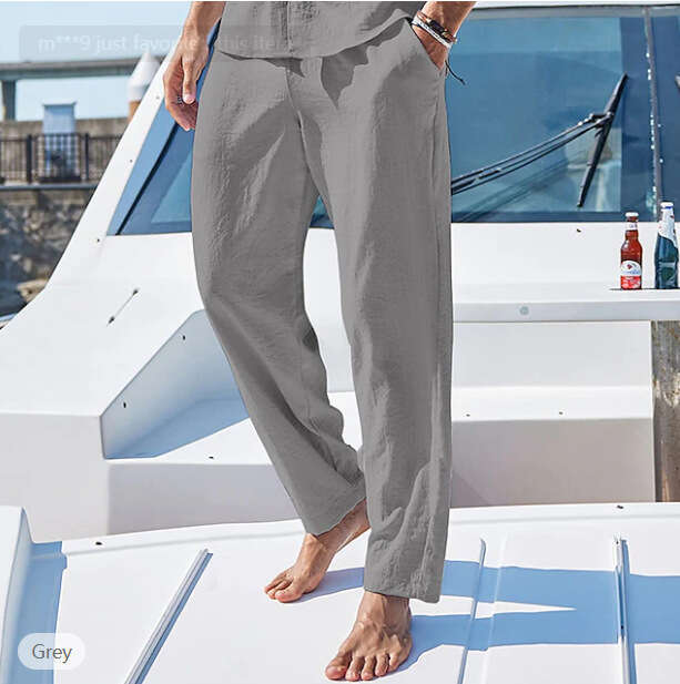 Cotton Linen Long Summer Beach Drawstring Elastic Waist Solid Comfortable Breathable Outdoor Casual Pants Men B5