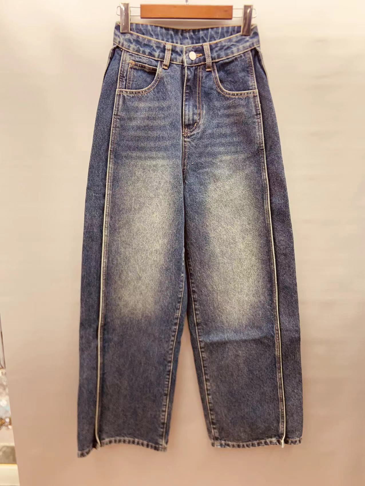 Factory Customized Wholesale Vintage Gray Washed High Waist Spliced Jeans 24-0803