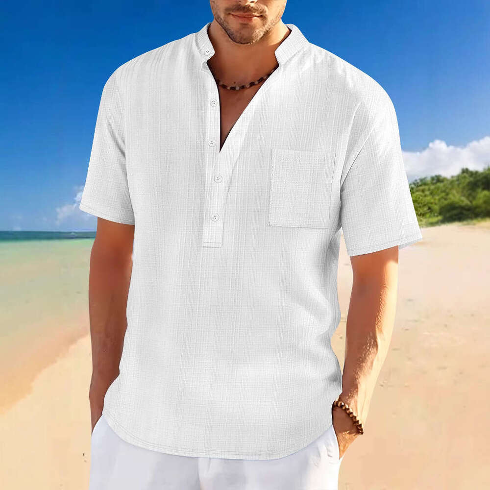 Spring Summer Men's Stand Collar Short Sleeve Loose Casual Vacation Henley Shirt Men B5