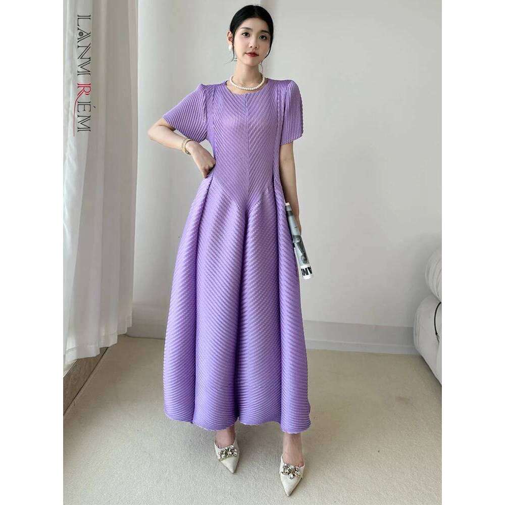 LANMREM High End Purple Pleated Women's Dress 2025 New Round Neck Short Sleeved Spliced Design Ball Gown Summer Dresses 2DB3489