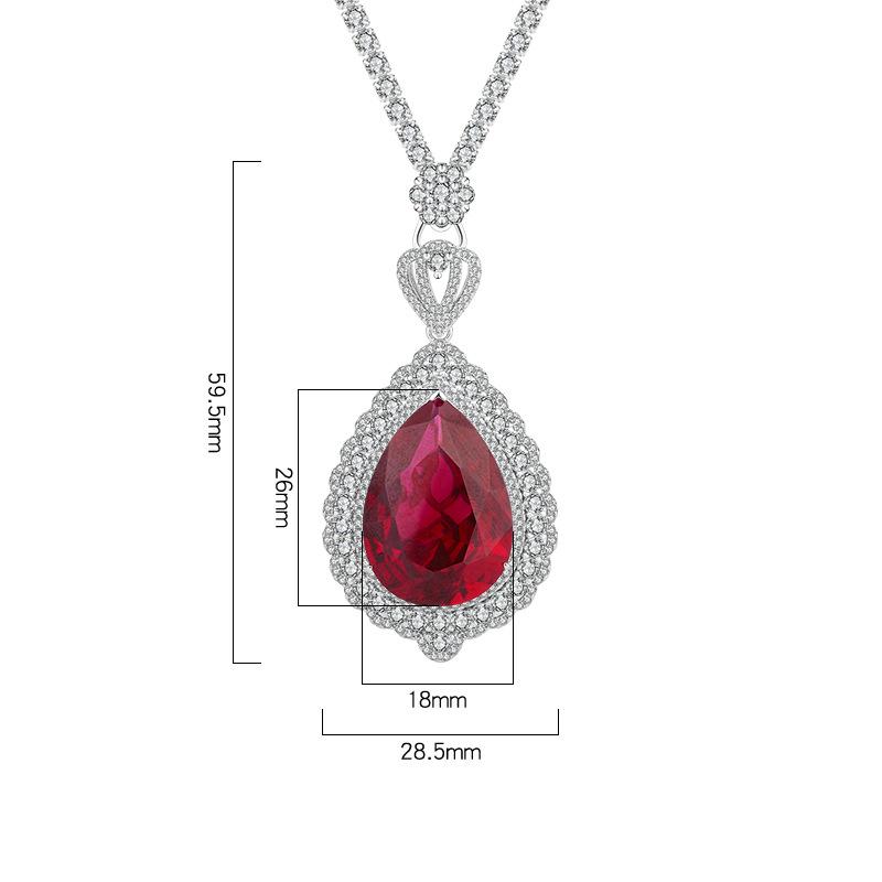 S925 Silver Faux Pigeon Blood Ruby Large Water-Drop Pendant Necklace, 18x25mm Luxury Design, Exquisite Luxury Women's Jewelry