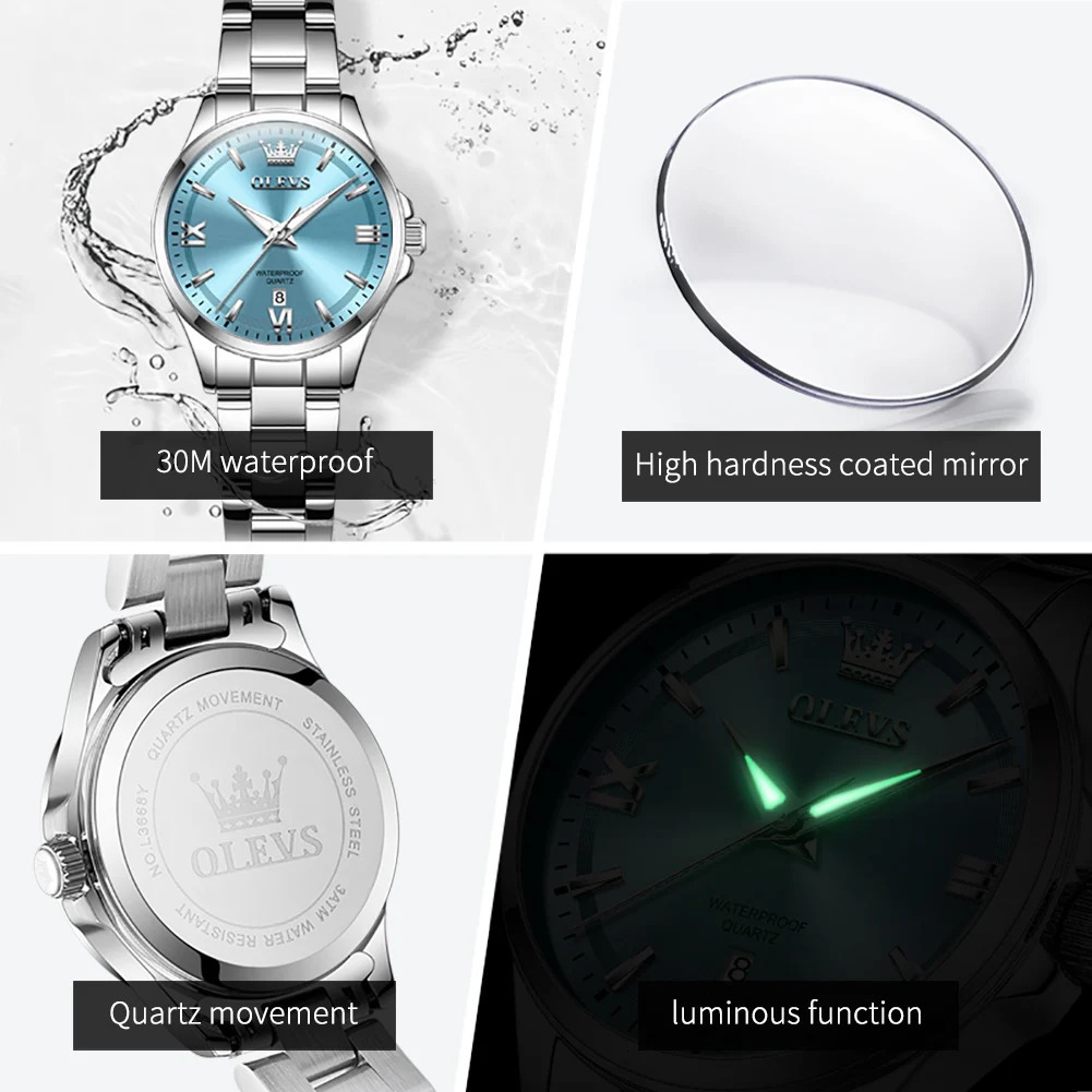 OLEVS Fashion Elegant Womens Watches Waterproof Luminous Stainless Steel Quartz Watch for Ladies Original Simple Wristwatch 250606