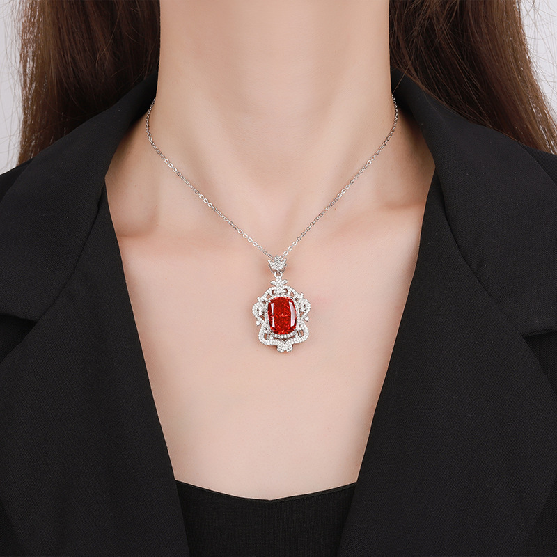 S925 Silver High-Carbon Diamond Radiant Cut Chinese Red Vintage Pendant Necklace, 12x16mm Main Stone, Elegant and Stylish Women's Jewelry, Perfec