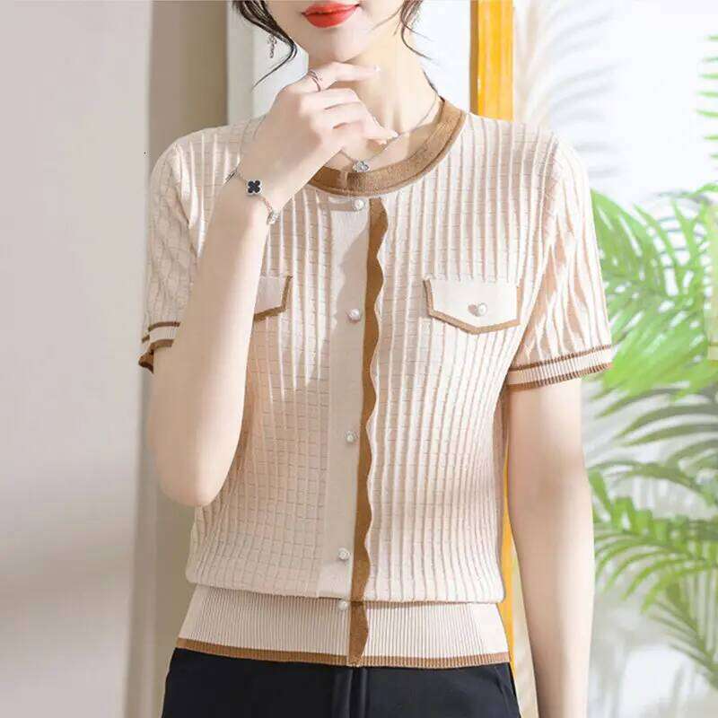 Ladies Fashion Loose Patchwork O-neck Knitting Pullovers Summer Fashionable All-match Buttons Screw Thread T-Shirts Women Tops