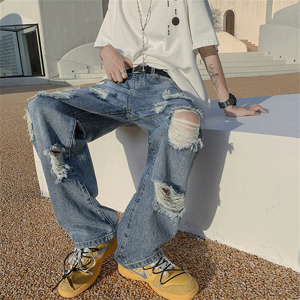 Summer Blue Black Ripped Jeans Men Fashion Casual Wide Leg Jeans Mens Streetwear Loose Hip Hop Straight Hole Denim Pants Men 250611
