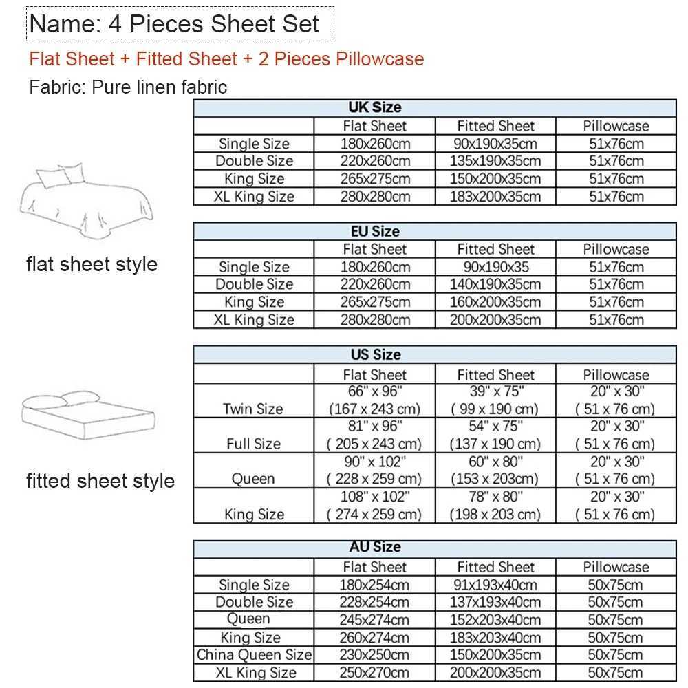 Bed Sheet Set 4 Piece 100% Pure Linen Bedding 1 Flat Sheet 1 Deep Pocket Fitted Sheet 2 cases Flax Sheets Set Bedding Set Y250611