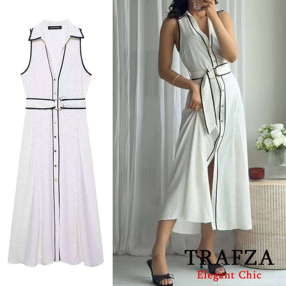 TRAFZA Women Vintage Polka Dot Sleeveless V-neck Belt Midi 2025 Summer Fashion Elegant Holiday Beach Mujer Dress