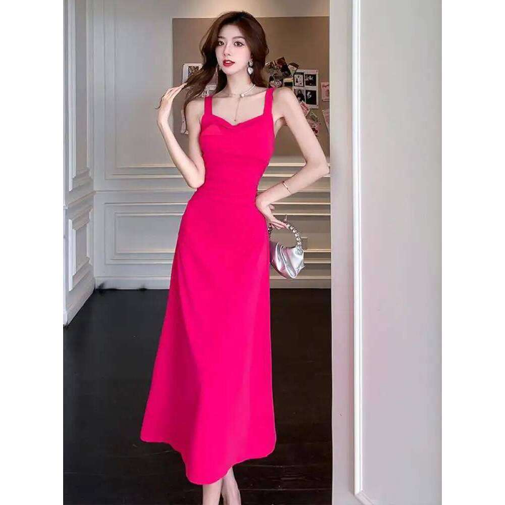 Summer 2025 Black V Neck Elegant Festival Pleated Sexy Party Women Rose Red Sleeveless High Waist Backless Slip Long Dress