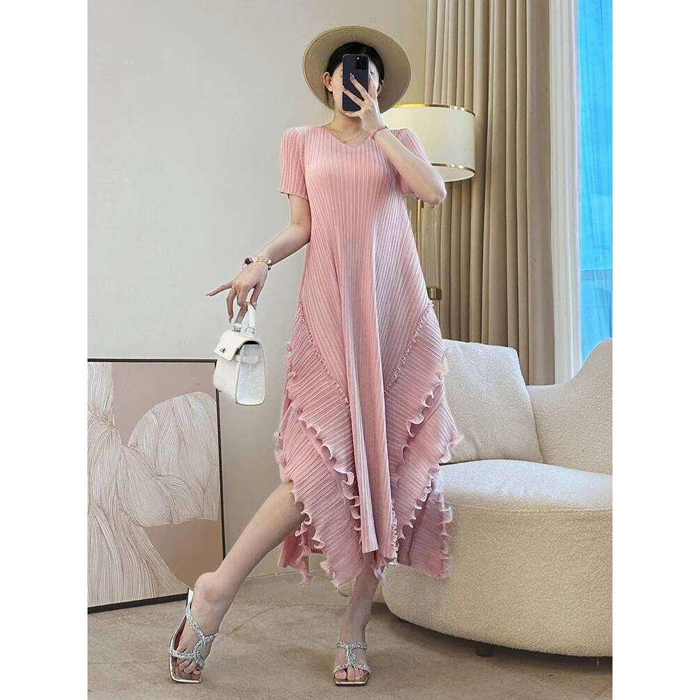 LANMREM Ruffled Patchwork Women's Dress 2025 New Elastic Loose Irregular Pleated Dresses Short Sleeve V Collar Summer Clothing