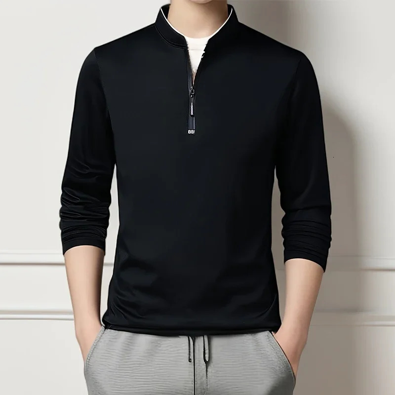 Mens Casual Fashion Solid Color Long Sleeved Polo Shirt Stand Up Collar Versatile Comfortable Top 250610