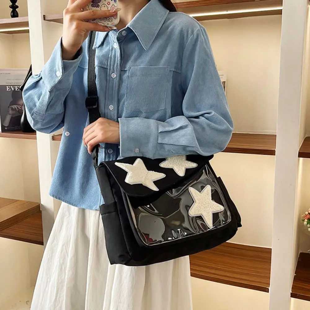 Canvas Star Crossbody Bag Large Capacity Y2k Pentagram Shoulder Bag Transparent Pockets Korean Style Nylon Student School Bag XJ250610