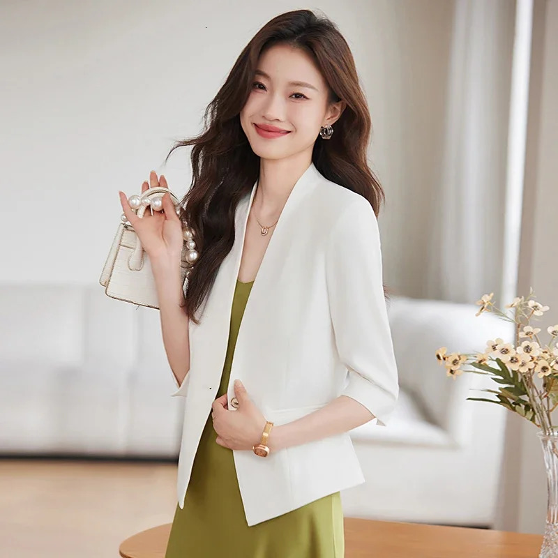 Fashion Summer Women Blazer Half Sleeve Jackets Outerwear Office Ladies Business Work OL Light Blue 250610
