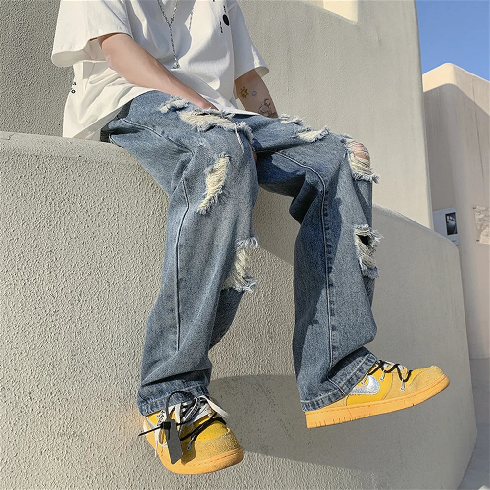Summer Blue Black Ripped Jeans Men Fashion Casual Wide Leg Jeans Mens Streetwear Loose Hip Hop Straight Hole Denim Pants Men 250611