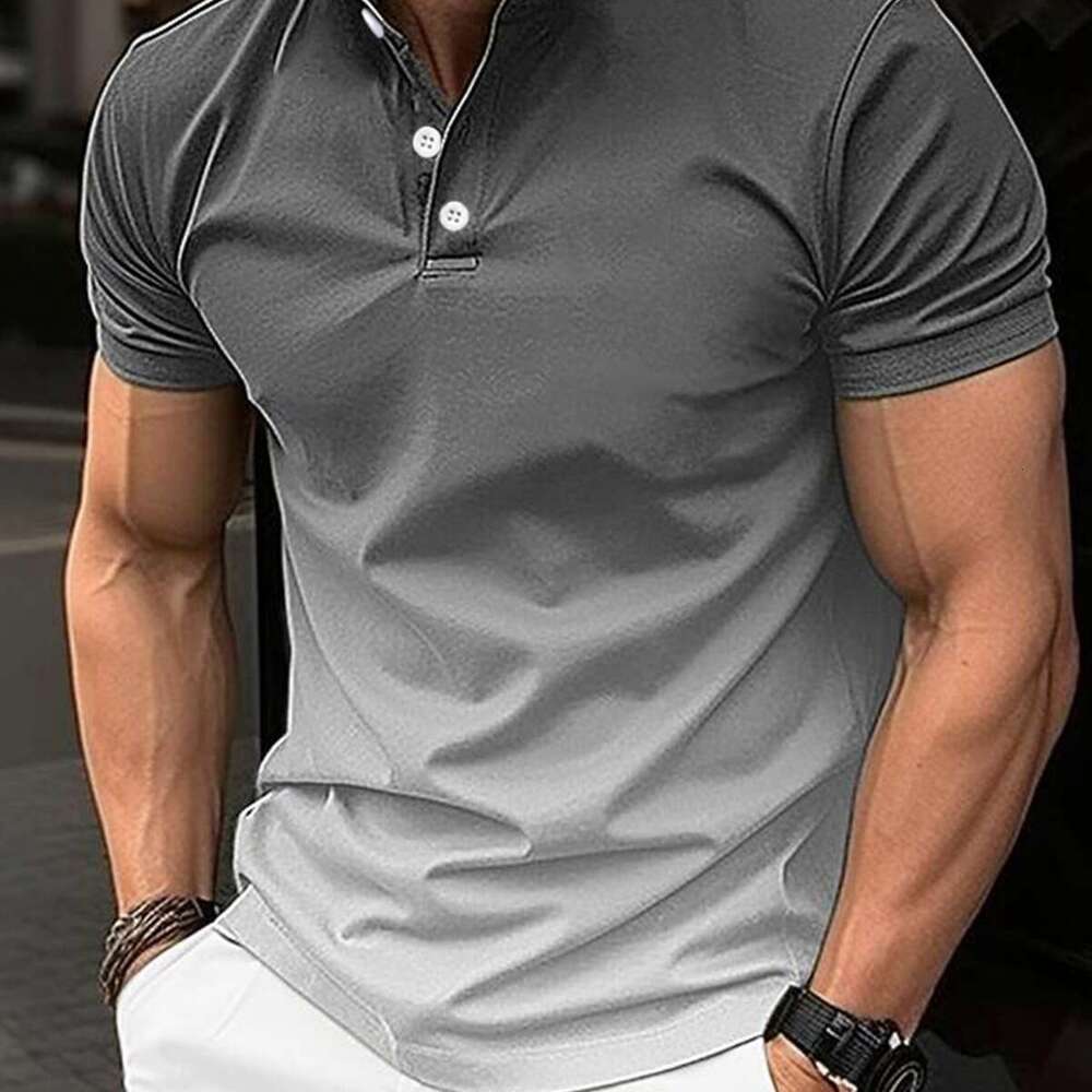 Spring Summer New Fashion Men's Stand Collar Gradient Casual Short Sleeve Golf Henley Shirt B5