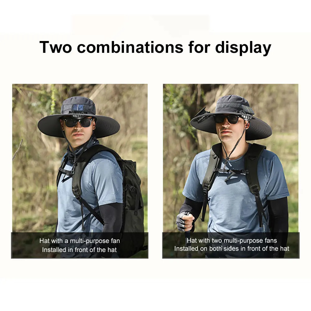 Solar Fan Hat Outdoor Fishing Hat Sun Hat with 2 Solar Fan Wide Brim Bucket Hat for Men Outdoor Camping Fishing Hiking 250529