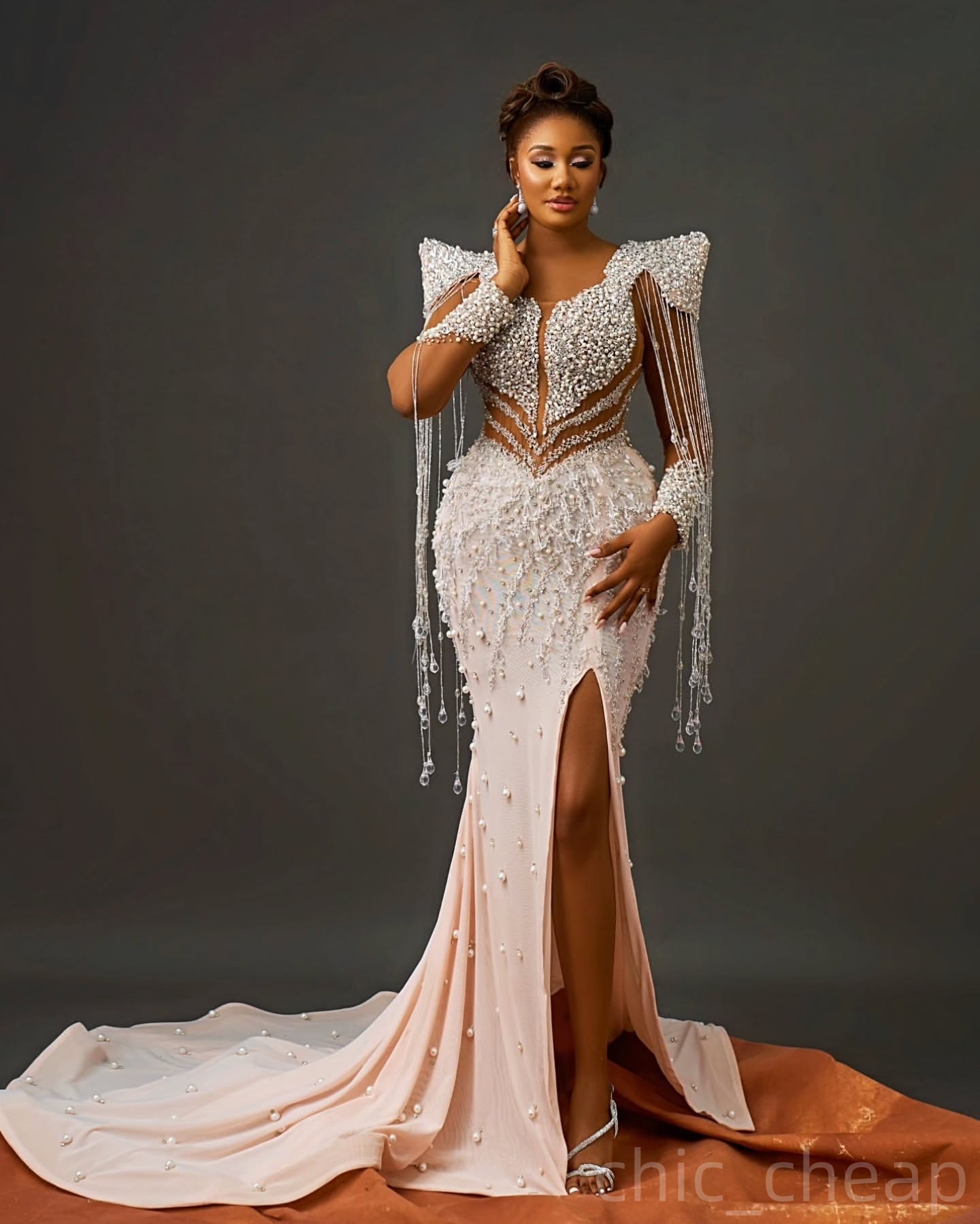 Champagne Mermaid Prom Dresses 2025 Pearls Crystals Beadings Satin Evening Formal Party Second Birthday Engagement Gowns Plus Size Dress For Special O