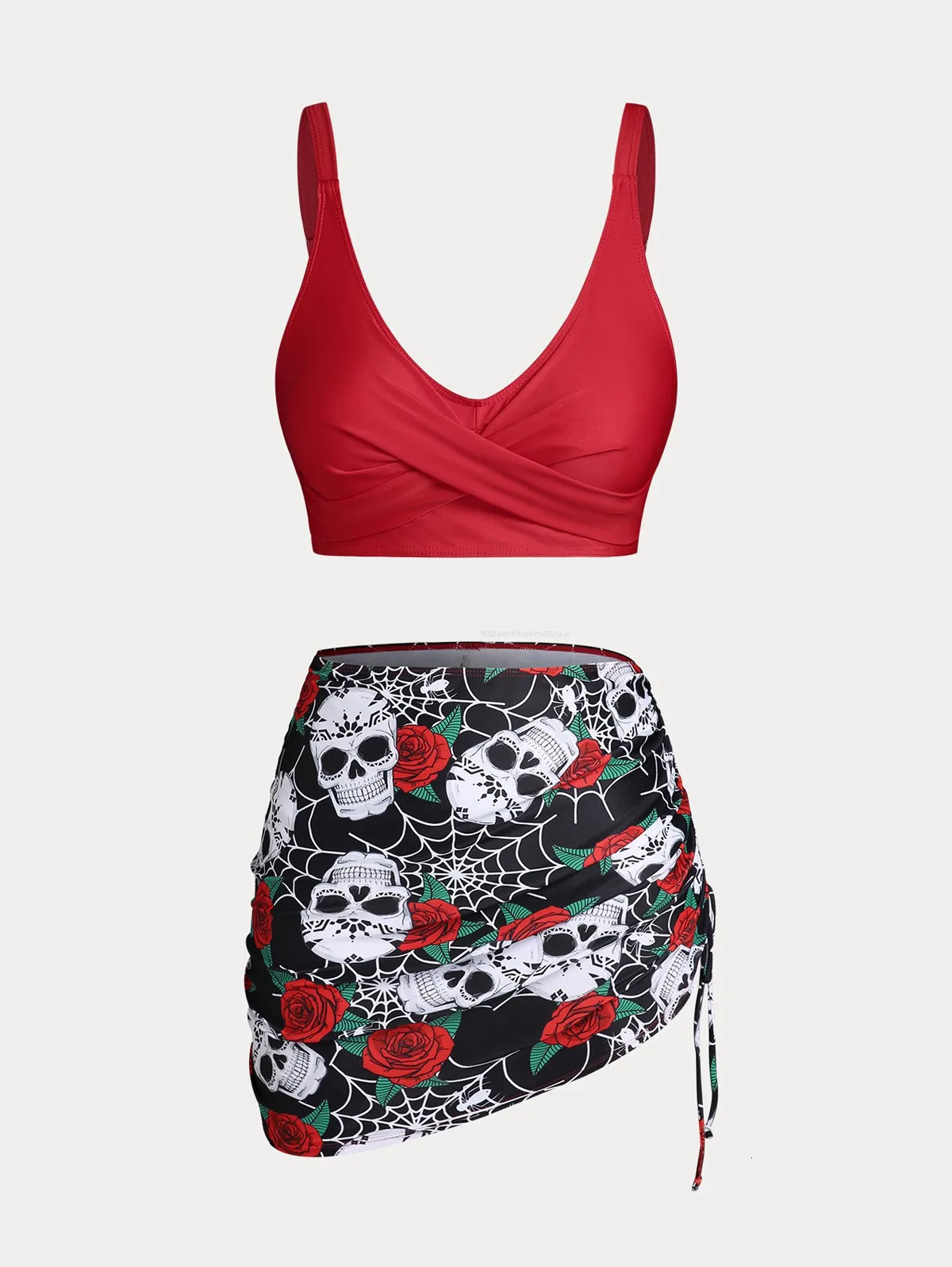 ROL Plus Size Womens Curve Skull Rose Print Crossover Three Piece Bikini Swimsuits 250530
