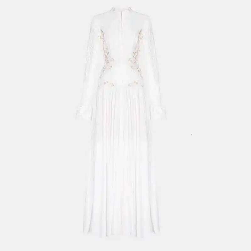 QMQA Fashion Women's Dress Niche Design Hollowed Out Lace Splice Flare Sleeve High Waist Elegant Maxi Dresses 2025 New QM326