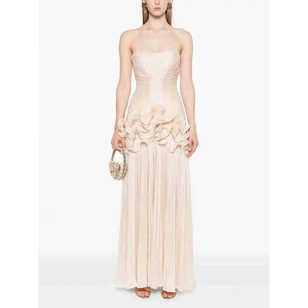 TWOTWINSTYLE Tempatement Patchwork Ruffle Slim Dress For Women Strapless High Waist Ruched Midi Elegant Dresses Female Fashion