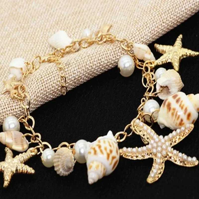 Color Oro Metallo Stellina Stellare Conch Starma Donna Braccialetto Imitazione Perla Conch Naturale Simpatica Bracciale Estate Y2K Gioielli Di Moda-image