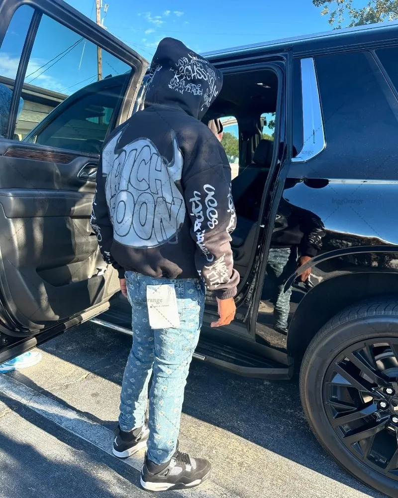 European and American Style Cartoon Print Loose Versatile Hoodie Mens Retro HarajukuY2K Casual Fashion Oversized Sweatshirt 250611