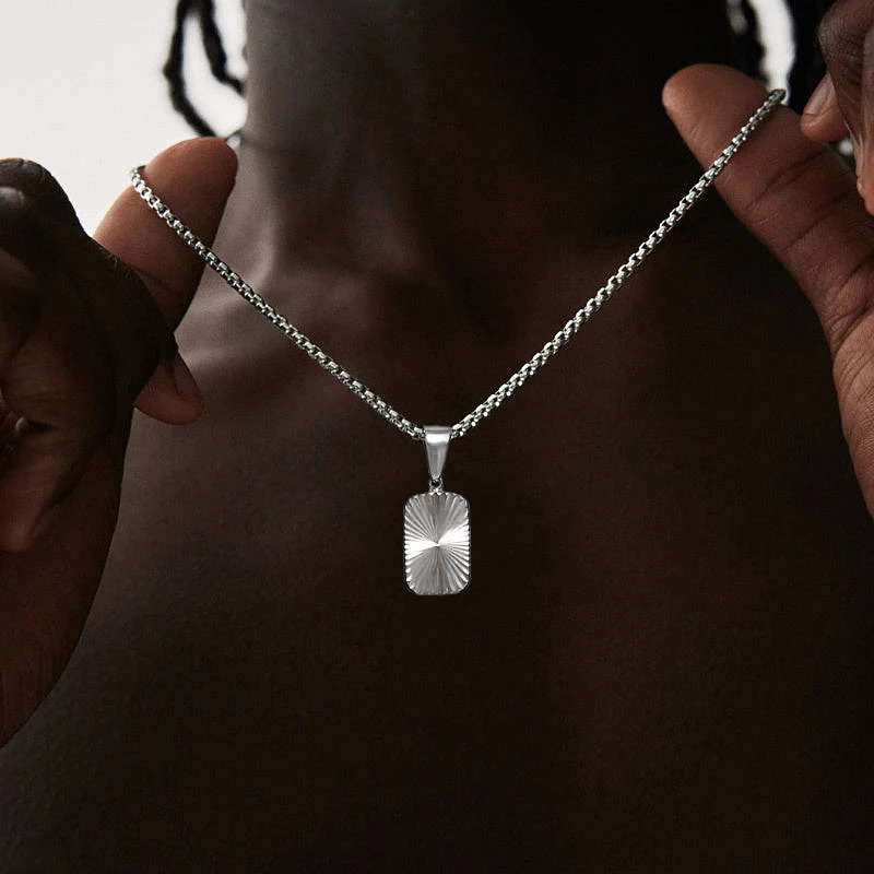 Mens Square Pendant NecklacesEmbossing Radiation Sunburst Stainless Steel Pendant NecklacesStylish Jewelry Gifts 250610