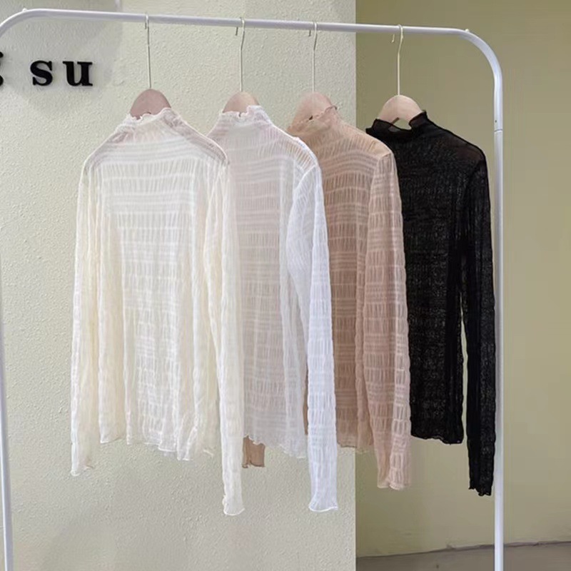 XL80 Autumn and winter new lace bubble shirt for women, fashionable and fairy-like, long-sleeved, half-high collar, mesh bottoming shirt