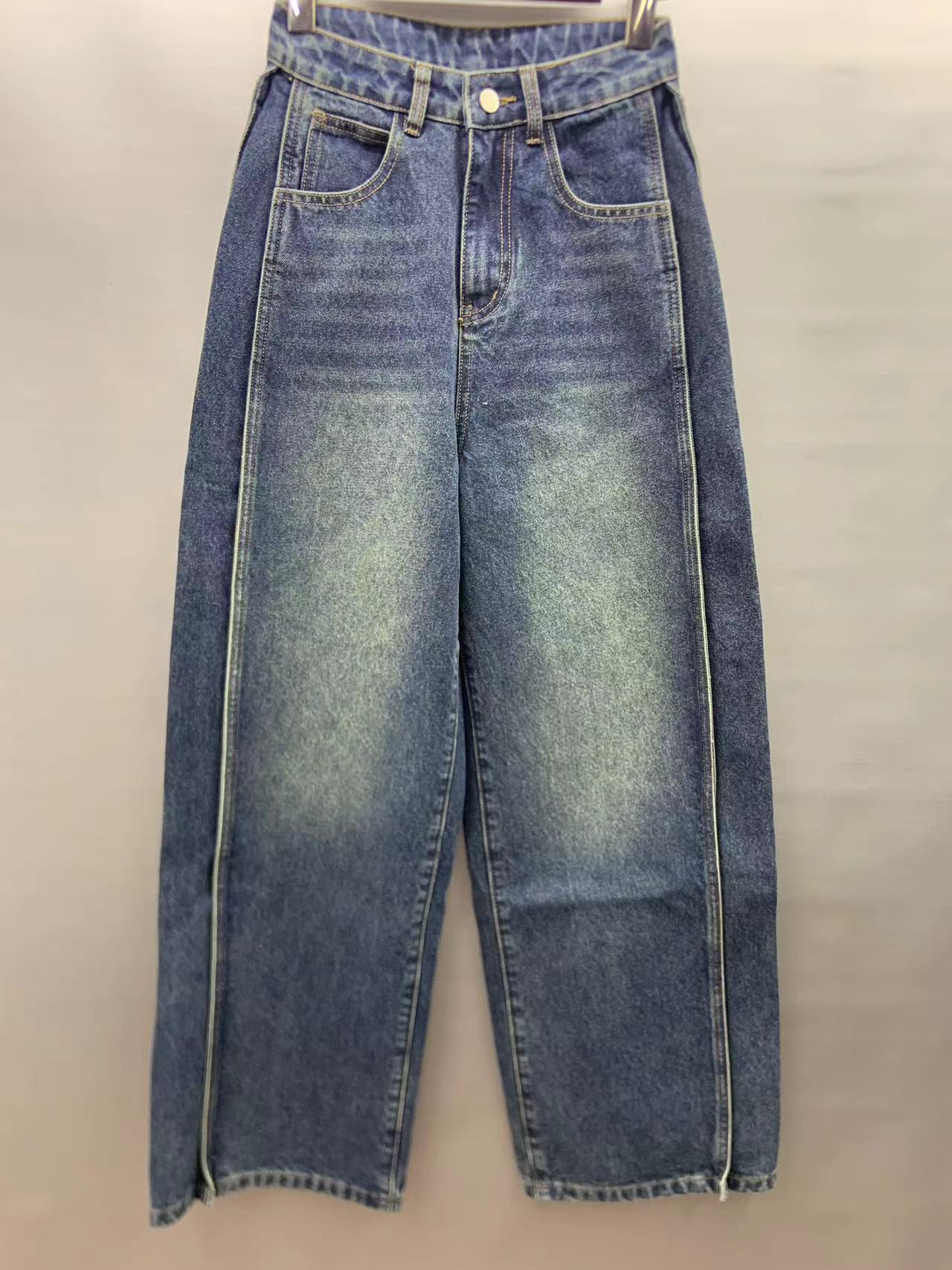 Factory Customized Wholesale Vintage Gray Washed High Waist Spliced Jeans 24-0803