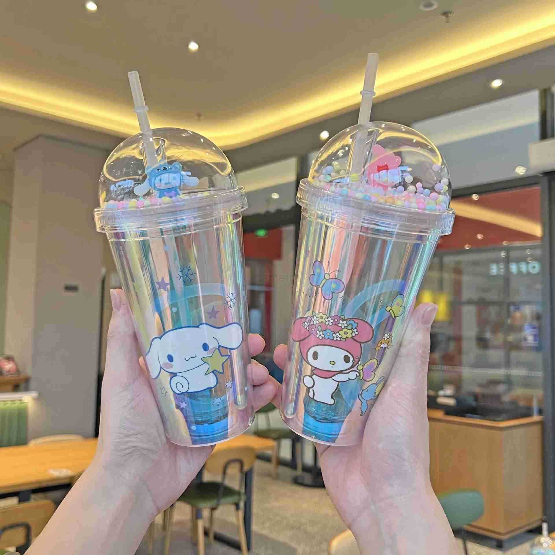 Sanrio 450ML Sanrio Cartoon Plastic Straw Cup Kuromi Stitch Double-Layer Plastic Cup Portable Sport Mug Straw Water Cup Christmas Gifts XJ250611