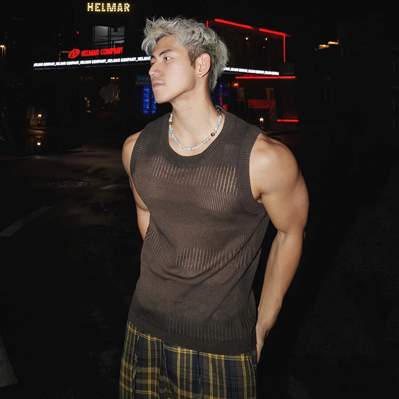 FEWQ Niche Mens Vests Round Collar Tie Dye Worn-out Gradient Color Sleeveless Knitting Casual Male Tank Tops 24K4318 250611