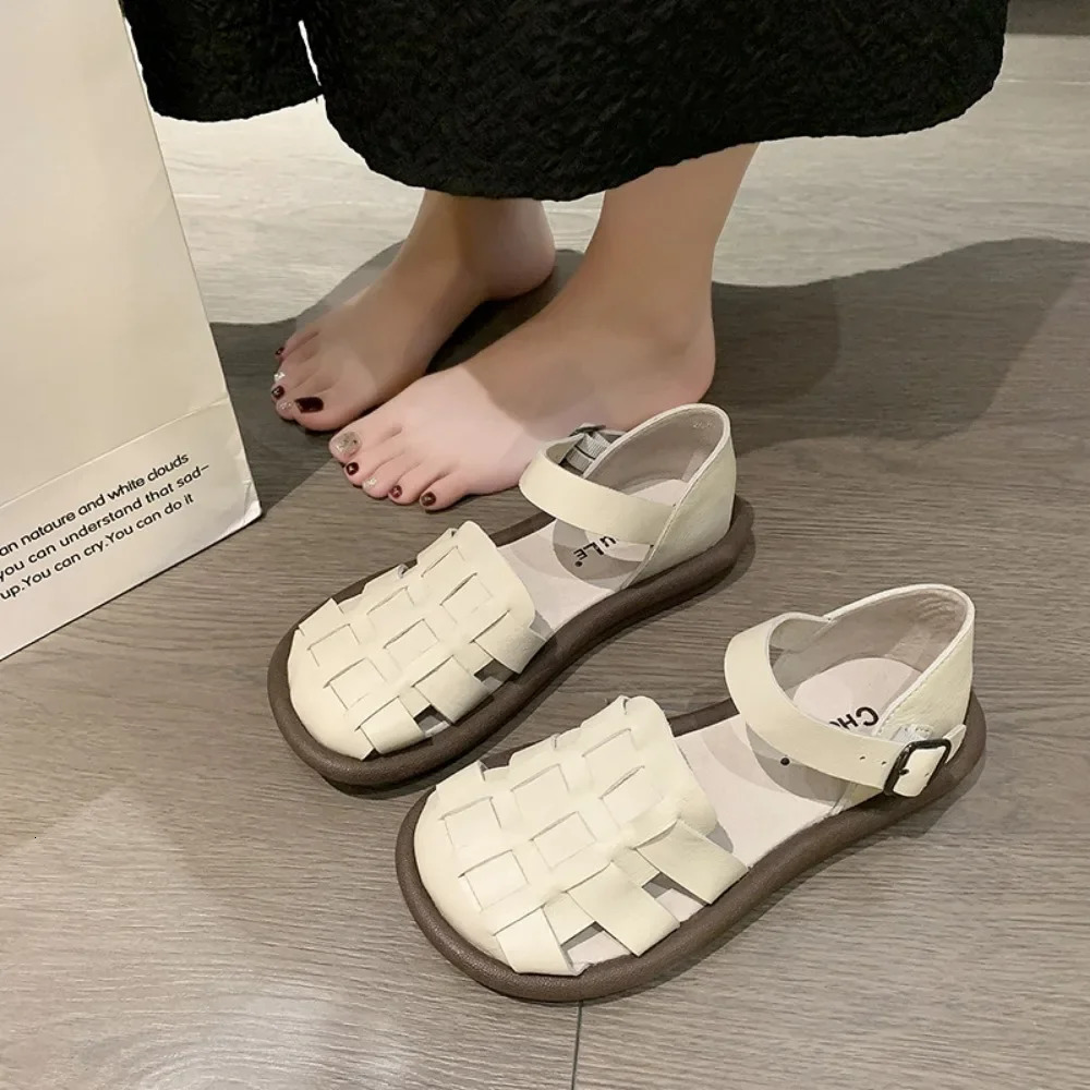 Womens Summer Zapatillas De Mujer Shoes Square Toe Flat Sandals Leather Women Gladiator Sandals Slip on Ladies Beach Shoes 250609