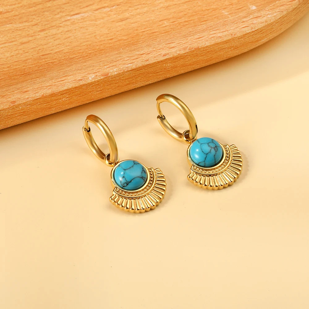LUXUSTEEL Boho Stainless Steel Hoop Earrings Turquoise Blue Stone Charm Drop Earring For Women Girls France Chic Jewelry 250610