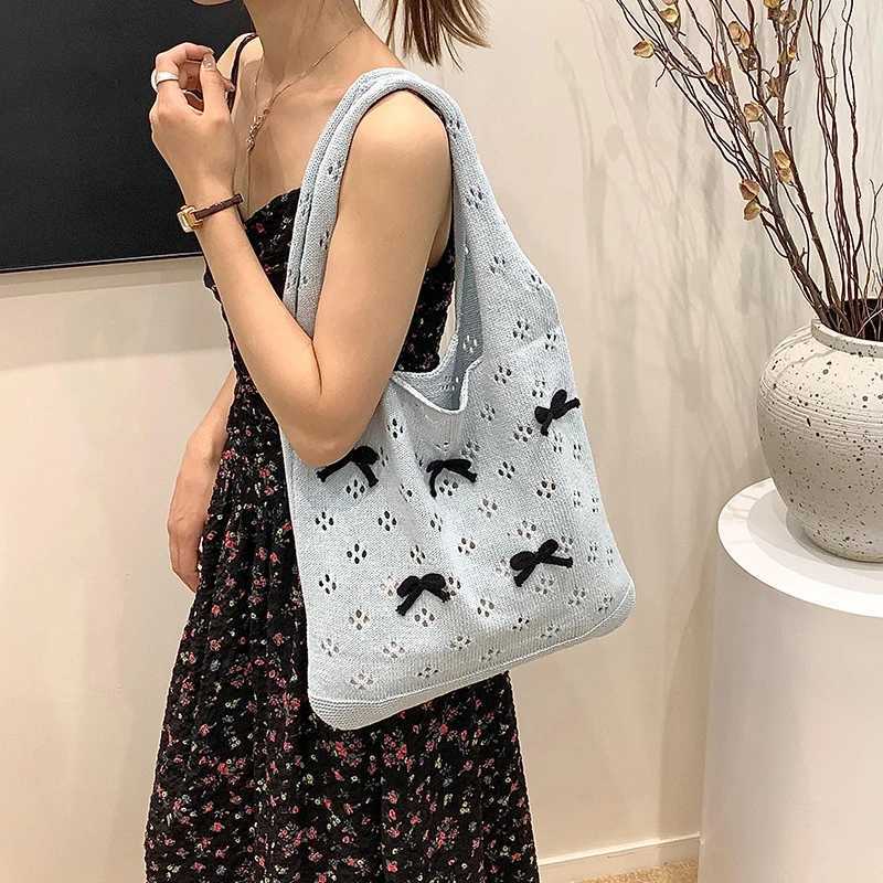 Knitted Bag Women Hollow Out Crochet Bow Design Handbag Large Capacity Handmade Tote Bag Summer Beach Woven Shoulder Bag XJ250610