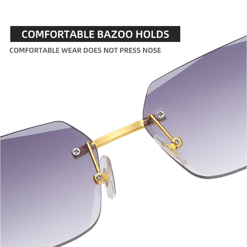 Women Luxury Rimless Sunglasses Rectangle Anti UV400 Color Lens with Wooden Grain Leg Unisex Retro Shades