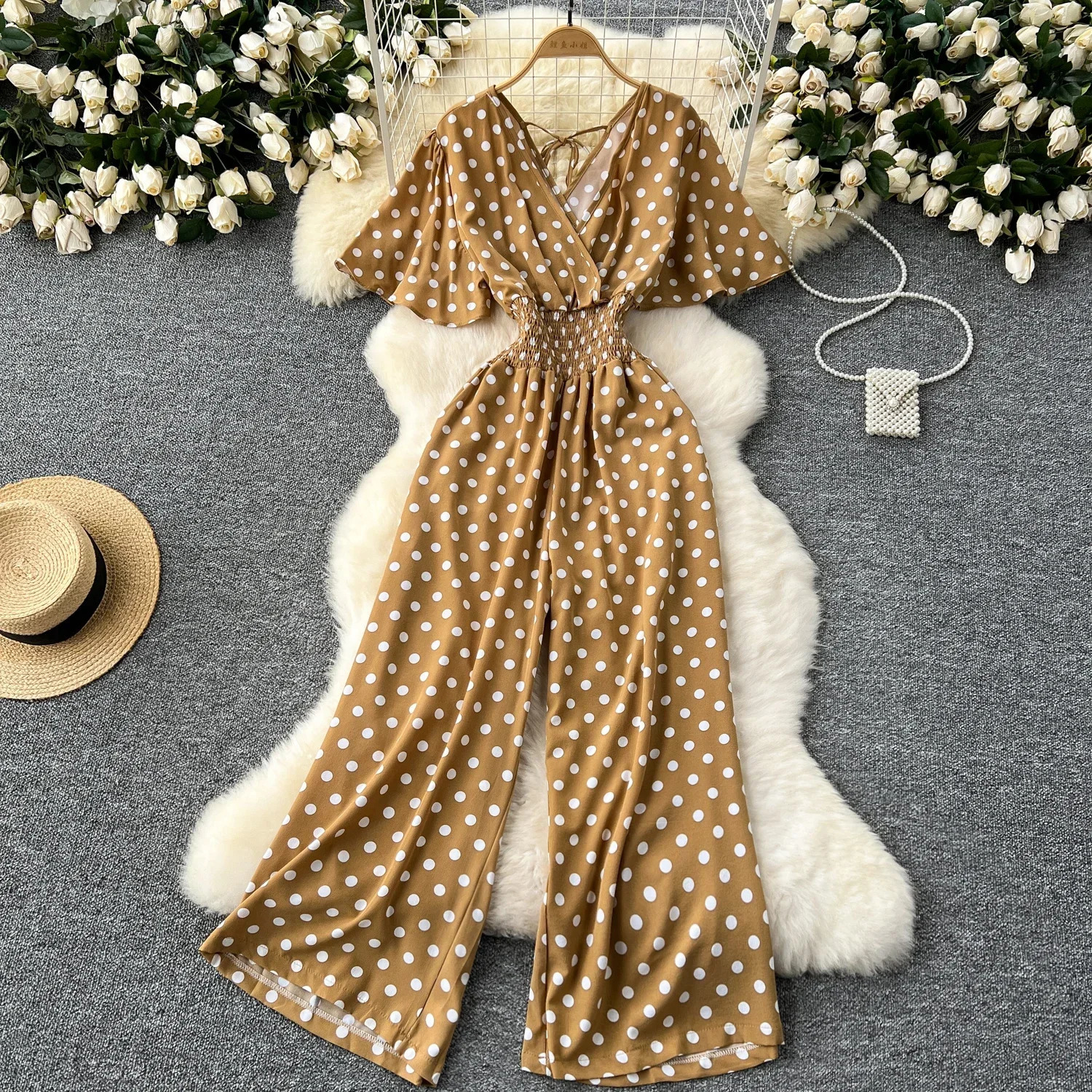 Summer Polka Dot Romper Women Elegant VNeck Short Sleeve High Waist Jumpsuit Female Loose Wide Leg Playsuits Fashion 250610