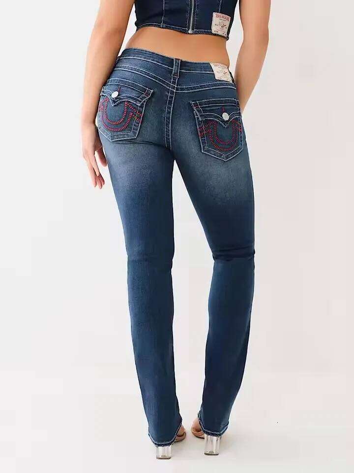 Gothic Vintage Y2k Clothes Men Women Haruku Pocket Embroidery Retro Blue Baggy Jeans High Waist Slim Flared Trousers