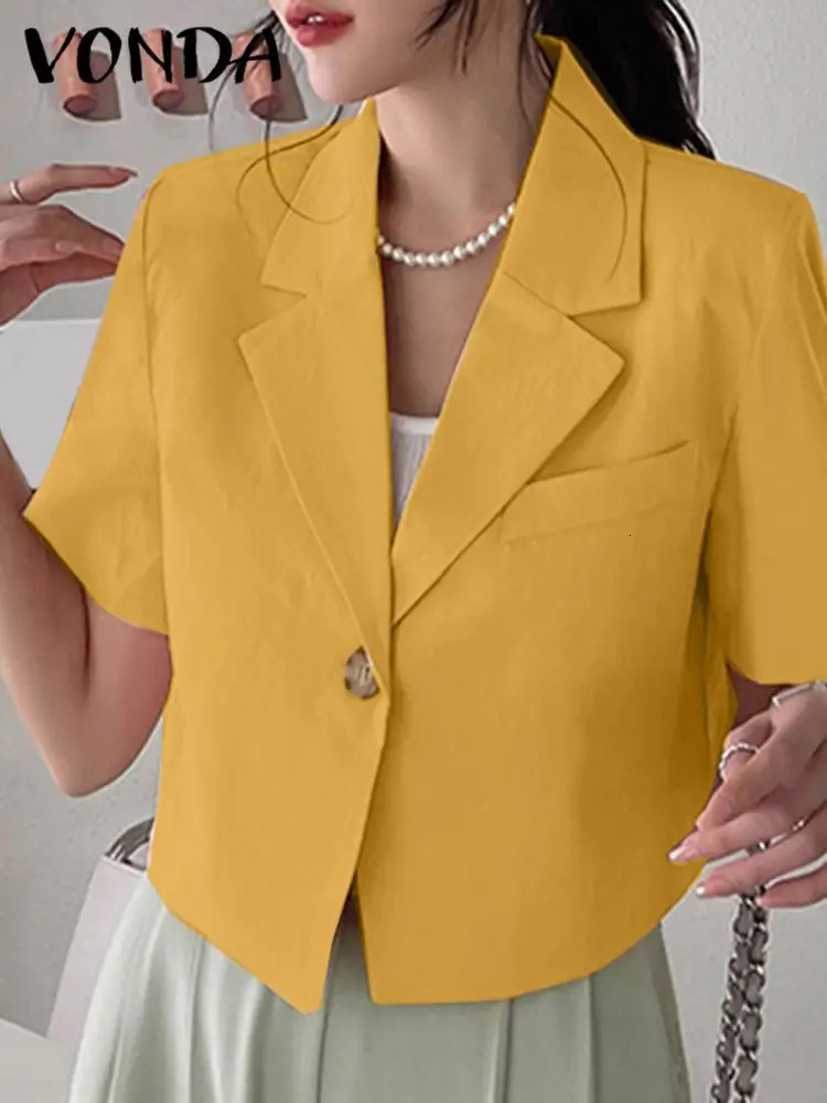 VONDA Elegant Summer Blazer Women Short Sleeve Suit Collar OL Coat Fashion Outwear Solid Color Casual Button Tunic Tops 250610