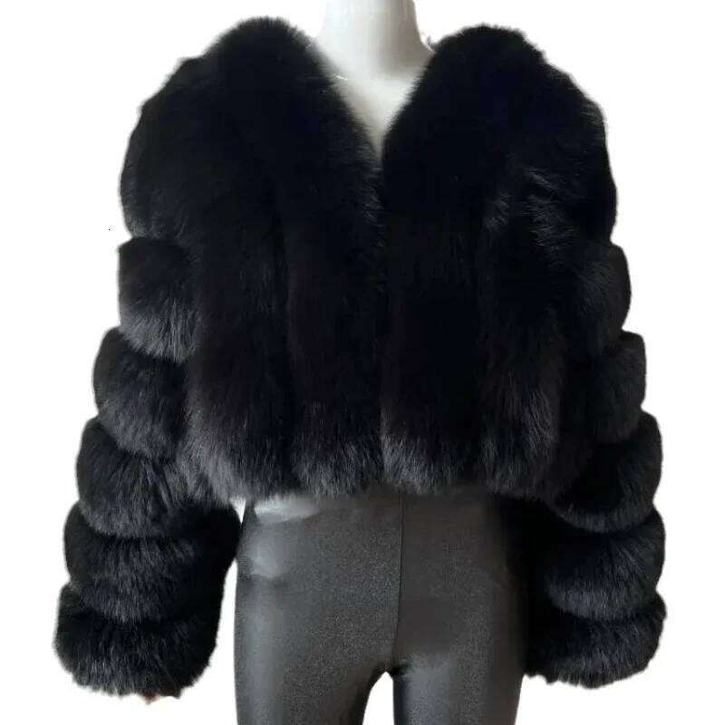 Open Women Faux Fur Coats Thick Warm Fox Short Coat Turn Down Collar Solid Full Sleeve Elegant Splice Autumn Winter
