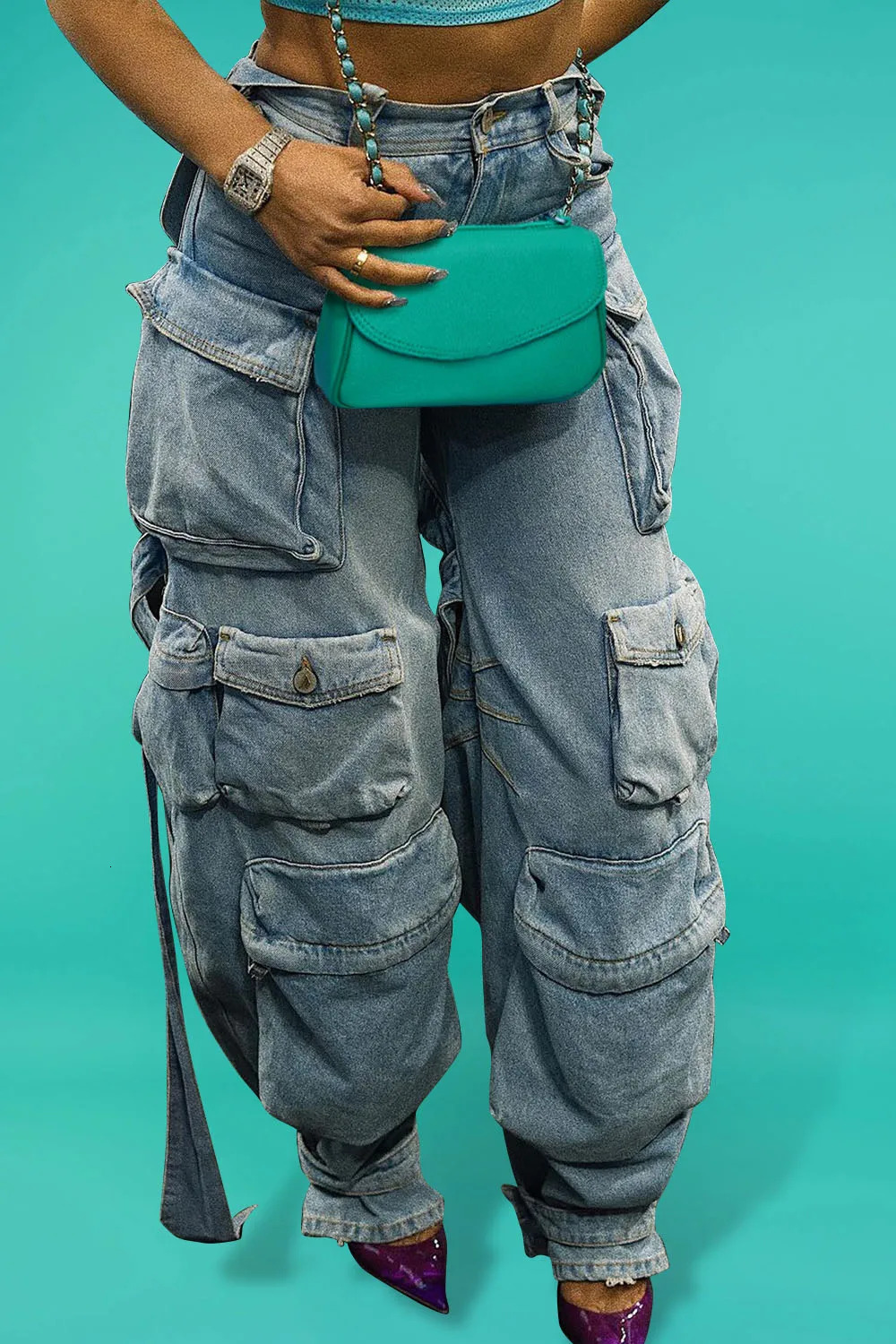 Plus Size Daily Light Blue Spring Summer Pocket Cargo Denim Jeans High Street Harajuku High Waist Casual Loose Denim Trousers 250609