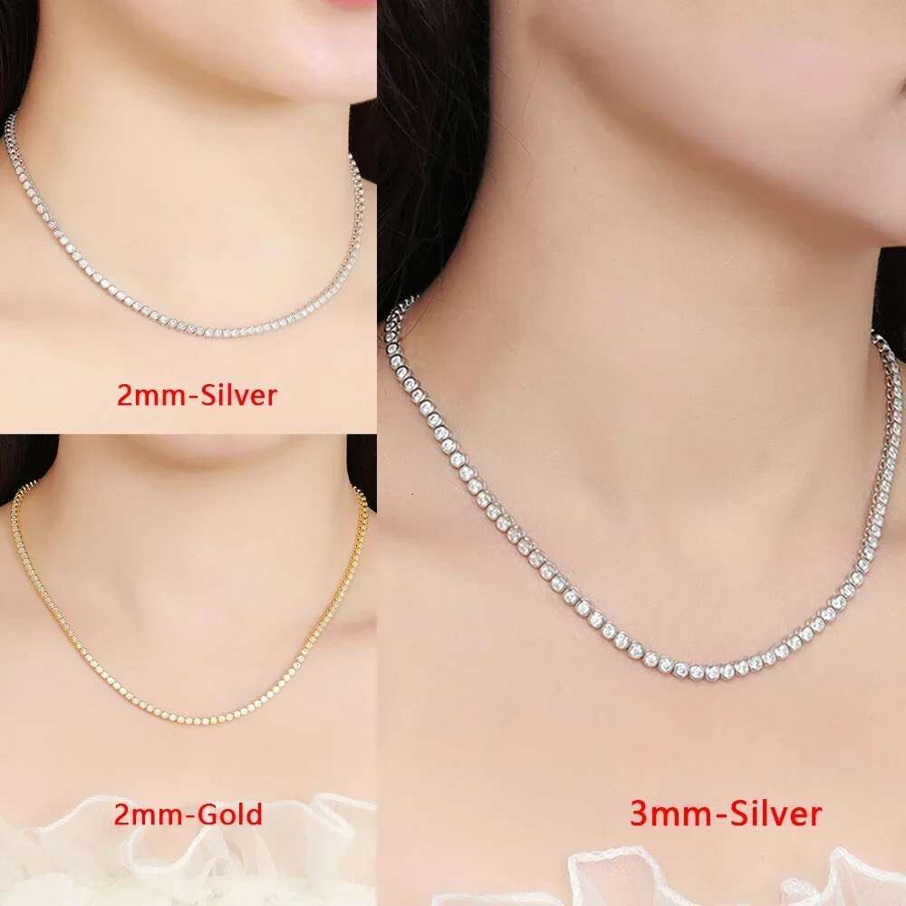 Bezel Set Moissanite Tennis Necklace For Women 2mm 3mm Round Diamond S925 Silver 18K Gold Plated Bubble Chain Jewelry with GRA