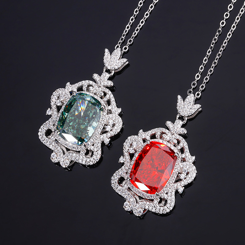 S925 Silver High-Carbon Diamond Radiant Cut Chinese Red Vintage Pendant Necklace, 12x16mm Main Stone, Elegant and Stylish Women's Jewelry, Perfec