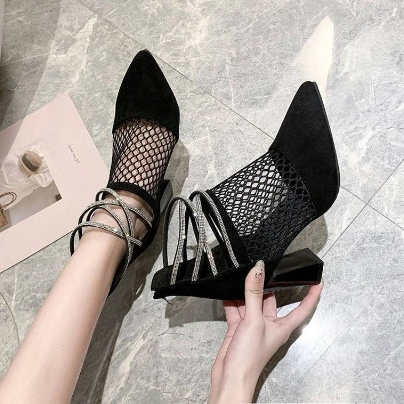 Rhinestones Black Mesh Hollow High Heels Pointed Toe Sandals for Women Casual Sales Chic and Elegant Low Price Korean Womens Shoes 250609